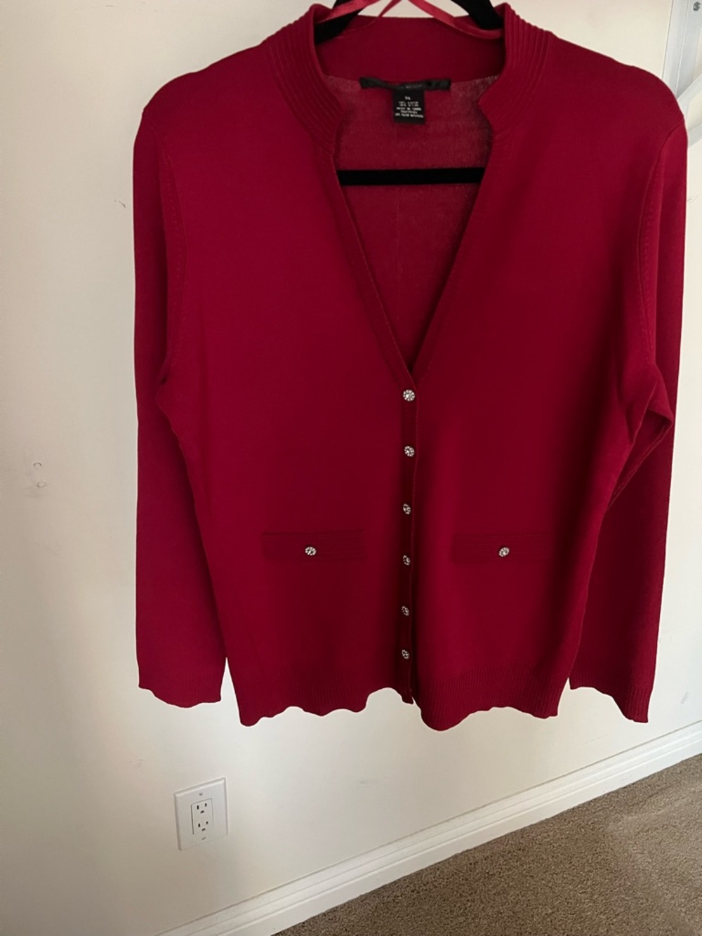 89th & Madison Deep Red V-Neck Cardigan with Decorative Buttons
